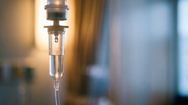Close-up of an intravenous drip delivering fluid in a hospital room, with a blurred background of curtains and warm lighting.