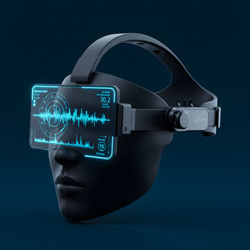 A futuristic black mannequin head wears a sleek augmented reality headset displaying a vibrant blue digital waveform and data.