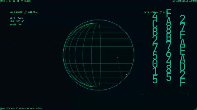 Futuristic HUD Holographic Wireframe Globe Orbital Display With Data Stream Global Tracking Interface