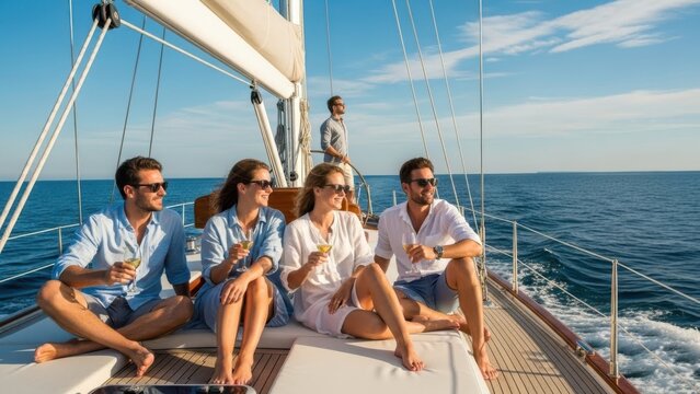 Happy friends drinking wine on a luxury sailboat