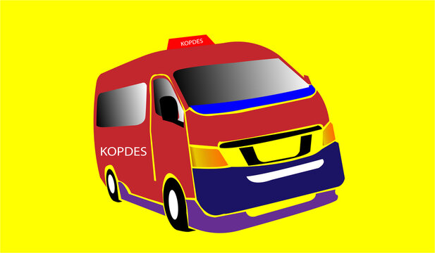 Red public transport minivan angkot vector illustration on bright yellow background