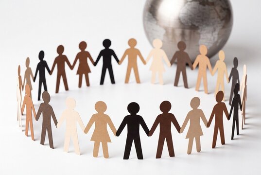 Diverse people holding hands in a circle around a globe representing unity and global community