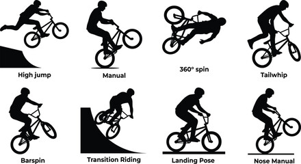 Fototapeta premium Set of BMX rider silhouettes performing extreme sports tricks, jumps, and stunts on bicycles.