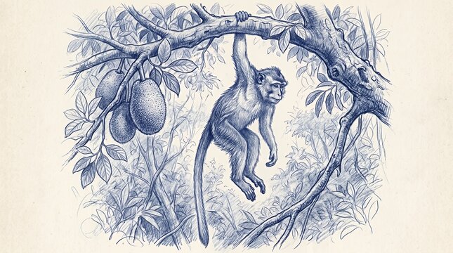 Monkey hanging from branch near tropical fruits.
