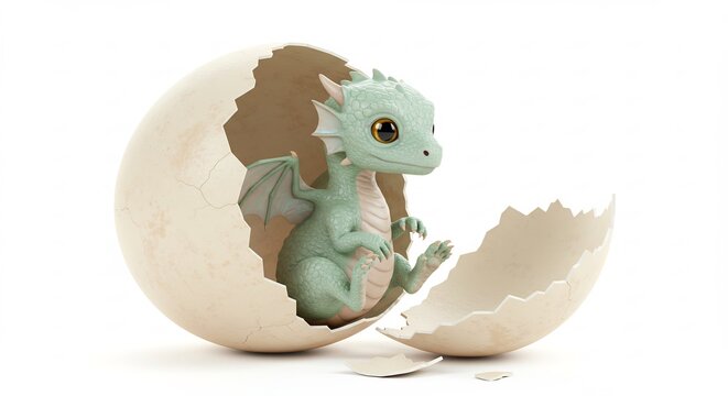 Baby Dragon Hatching: A tiny, aquamarine dragon with delicate wings and big, expressive eyes emerges from a cracked, oversized egg, ready to explore its new world.