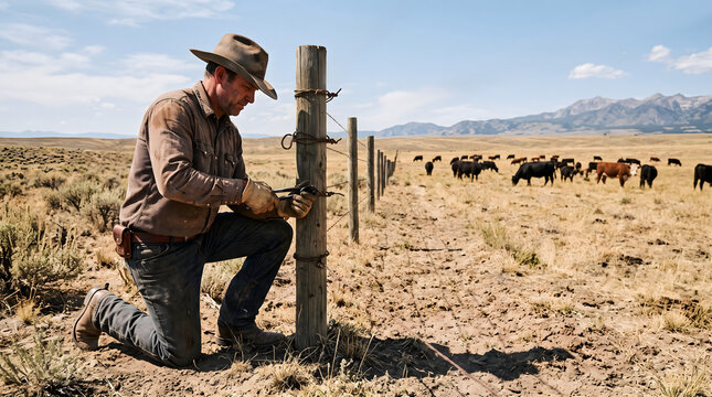 Cowboy fixing a wire fence on a dry western cattle ranch