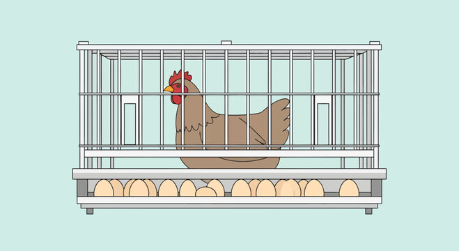 Red hen in a wire cage with eggs below.