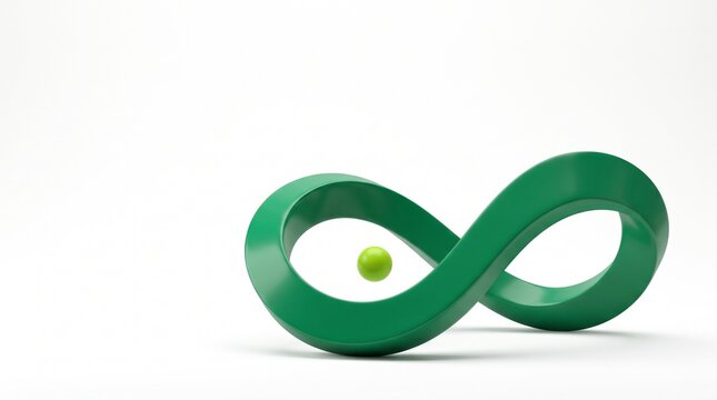 Conceptual 3d render of a green infinity loop sculpture with a small sphere floating in the center, symbolizing endless possibilities and balance.