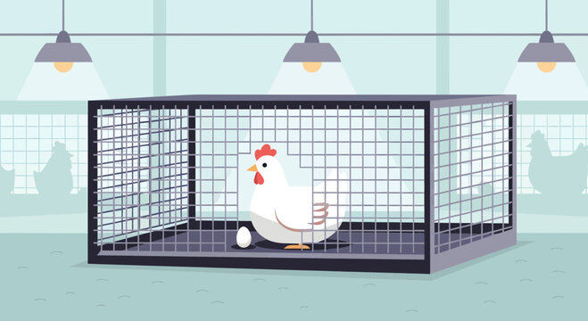 White chicken inside a wire cage.