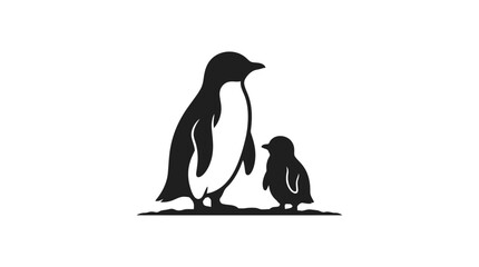 Obraz premium A silhouette illustration of an adult penguin and its chick standing together on ice, isolated on a clean white background