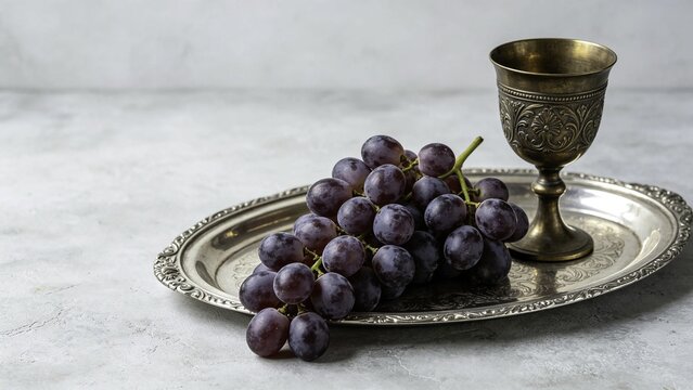 Plump purple grapes on patterned silver tray with ornate bro