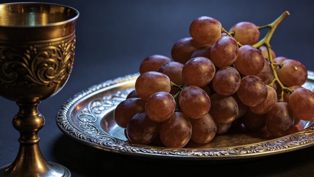 Red grapes on engraved silver dish with decorative bronze ch
