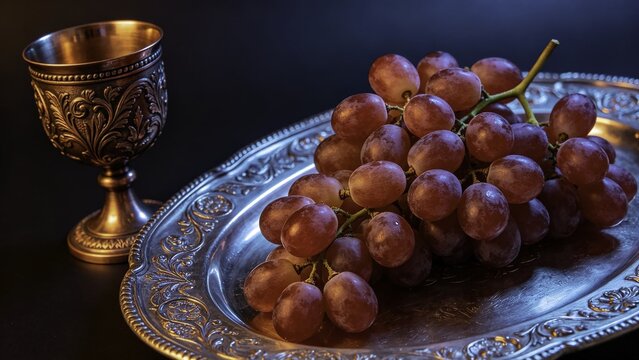Red grapes on engraved silver dish with decorative bronze ch