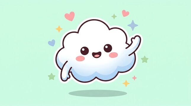 Kawaii Cute Cloud Mascot Character, Cartoon Cloud Icon, Charming Weather Symbol, Pastel Blue And White Mascot, Vector Illustration For Kids