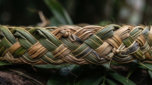Close up of a circular crown made from braided green and brown dried palm leaves with a rustic texture and natural fiber pattern set against a blurred forest background