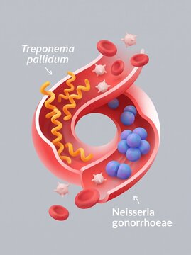 3D medical illustration of Treponema pallidum and Neisseria gonorrhoeae bacteria in a blood vessel