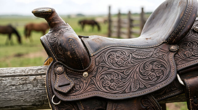 Old brown leather western saddle on a wooden fence