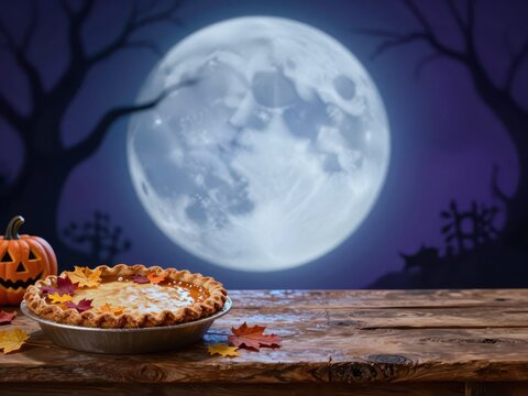 Pumpkin pie and jack-o'-lantern beneath a full moon
