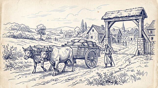 Oxen pulling cart toward village entrance gate.