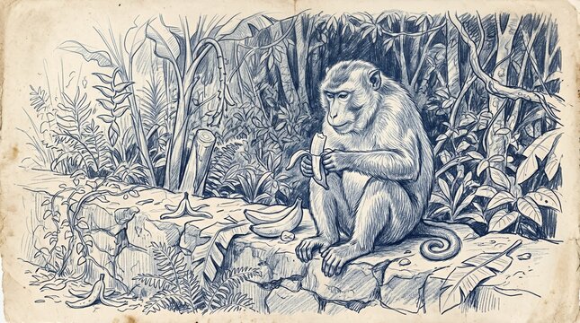 Monkey sitting on a stone wall within jungle foliage.