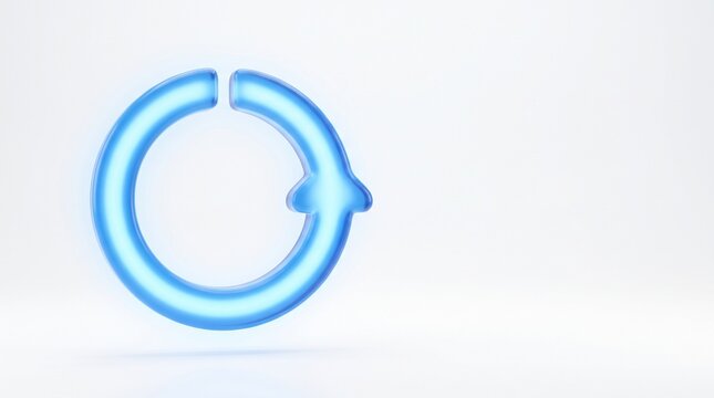 A glowing blue circular arrow icon floating in a clean white space representing refresh reload cycle progress and digital transformation concepts