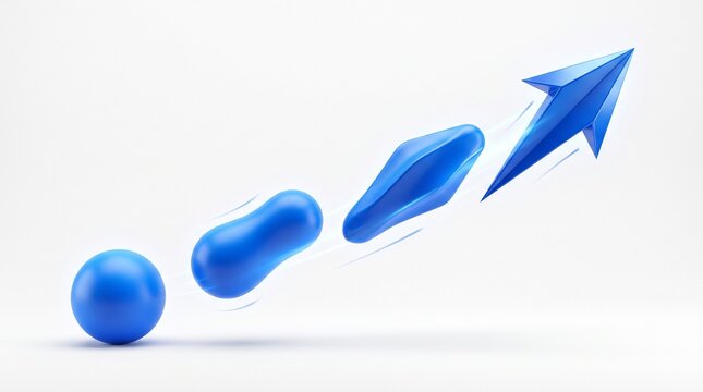 A series of blue geometric shapes morphing from a simple sphere into a sharp arrow representing evolution transformation and strategic growth