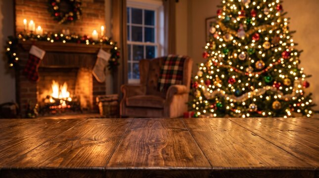 Empty rustic wooden table surface in a cozy living room with a glowing fireplace and a decorated christmas tree with warm fairy lights in the background for holiday product display