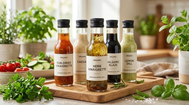 Five glass bottles of organic salad dressing including sun dried vinaigrette and herb vinaigrette arranged on a wooden cutting board in a sunlit kitchen with fresh herbs and vegetables