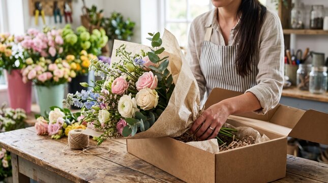 Florist wearing a striped apron placing a wrapped bouquet of pink and white roses with eucalyptus into a cardboard shipping box on a rustic wooden table in a flower shop