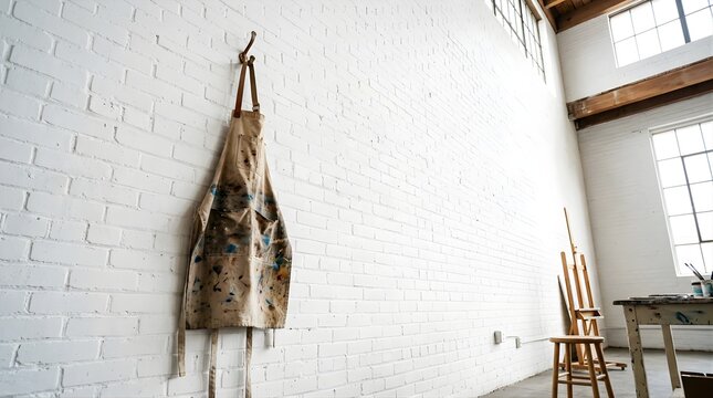 Dirty painters apron hanging on white brick wall in bright art studio