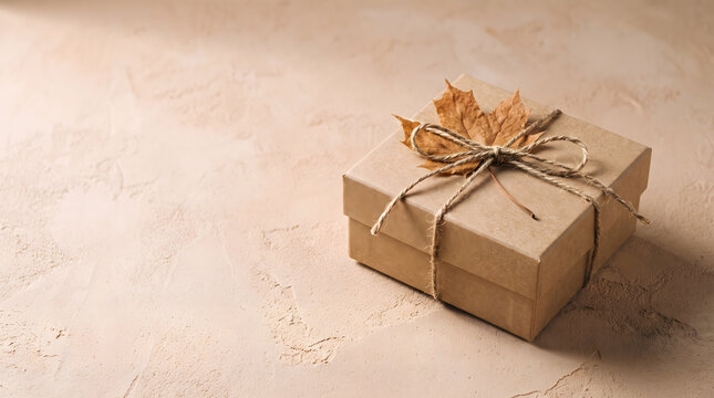 Eco-friendly kraft paper gift box tied with jute twine and dried foliage on beige background