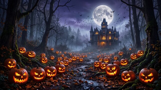 Glowing jack o lanterns with carved faces scattered across a dark misty forest floor leading to a spooky victorian mansion under a large full moon in a purple night sky