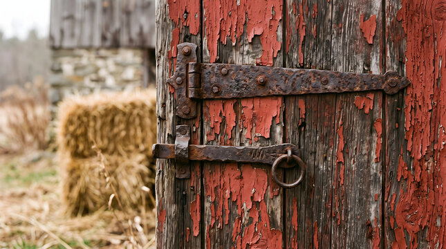 Old weathered red barn door with rusty metal latch