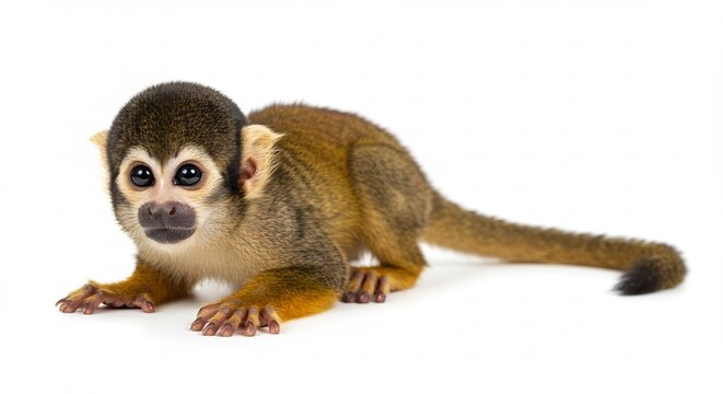 Squirrel Monkey Curiosity: A small squirrel monkey with large eyes and a curious gaze rests on a plain background, showcasing its agile body and delicate features.