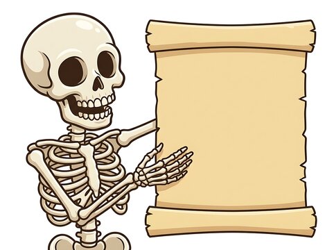 Cartoon skeleton pointing at a blank aged parchment scroll on a white background