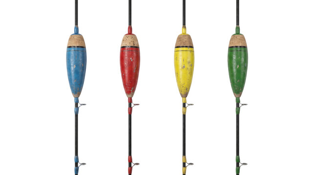 Four colorful vintage fishing floats isolated on transparent background png