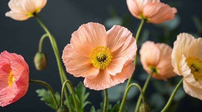 Peach pink poppy flowers with yellow centers and green stems isolated on a dark moody background poppies
