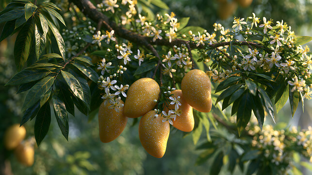 Mango branch with ripe yellow fruits and delicate white blossoms