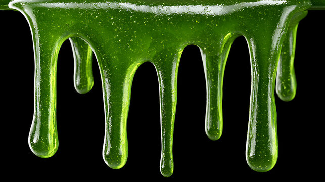 Green viscous slime drips downwards against a black background