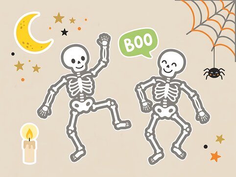 Sticker style dancing skeletons with white borders and festive holiday elements