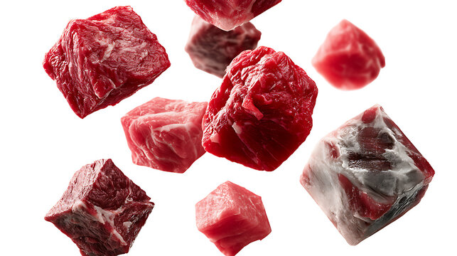 Diced beef cubes float against a white background showcasing raw meat texture