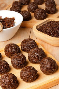 Brazilian chocolate confection known as brigadeiro, prepared in the traditional way with chocolate sprinkles.