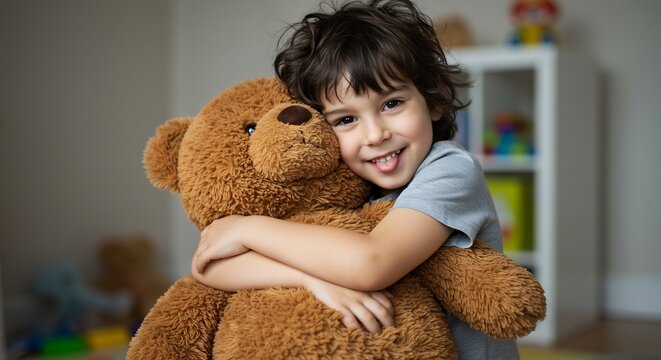 Childhood Embrace: A young boy joyfully hugs his brown teddy bear, expressing a pure and innocent bond. His eyes sparkle with delight as he shares a tender moment with his beloved plush companion.