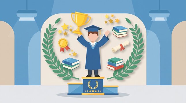 Faceless male student receiving a golden trophy on an award podium with books, medal and certificate, symbolizing outstanding academic achievement and recognition.