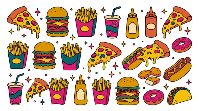 Collection of fast food items including burgers fries pizza soda and hot dog