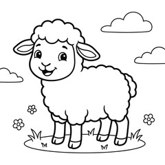 Obraz premium Cute cartoon lamb standing in a grassy field with flowers and clouds