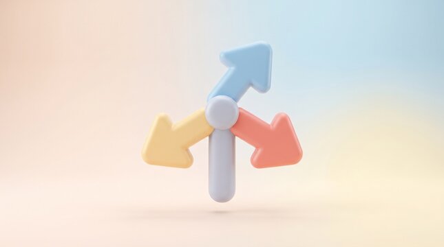 Modern directional sign with multiple arrows 3D icon isolated on a pastel background, representing navigation, route selection, decision making and travel guidance concepts