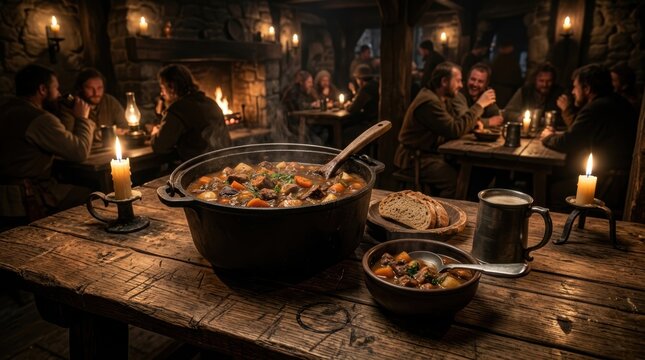 Beef stew simmering in a cast iron pot on a wooden table in a medieval tavern