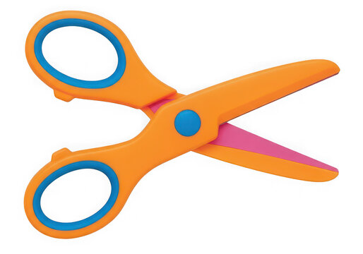 Bright orange safety scissors with blue handles and pink blades cutout on transparent background for crafts