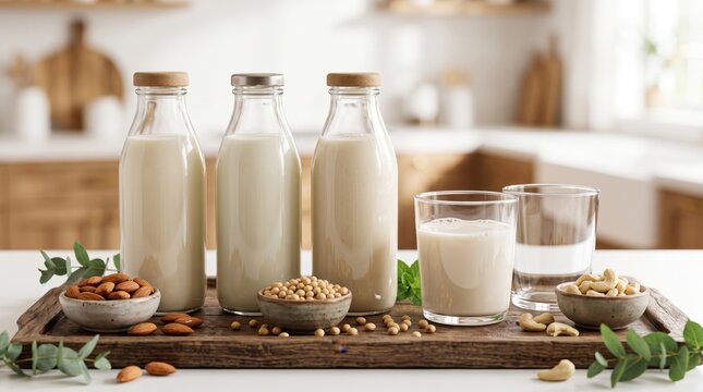 Three glass bottles filled with plant based milk arranged on a rustic wooden tray with bowls of almonds soybeans and cashews in a bright kitchen setting